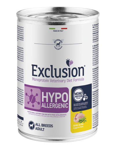 Sacchetto di EXCLUSION MONOPROTEIN VET DIET HYPOALLERGENIC AGRIAPPIA da 400g, con etichetta e confezione visibile