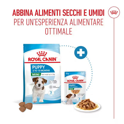 Cibo umido per cuccioli Mini Royal Canin con manzo, confezione AGRIAPPIA, in scatola con etichetta e dettagli di prodotto