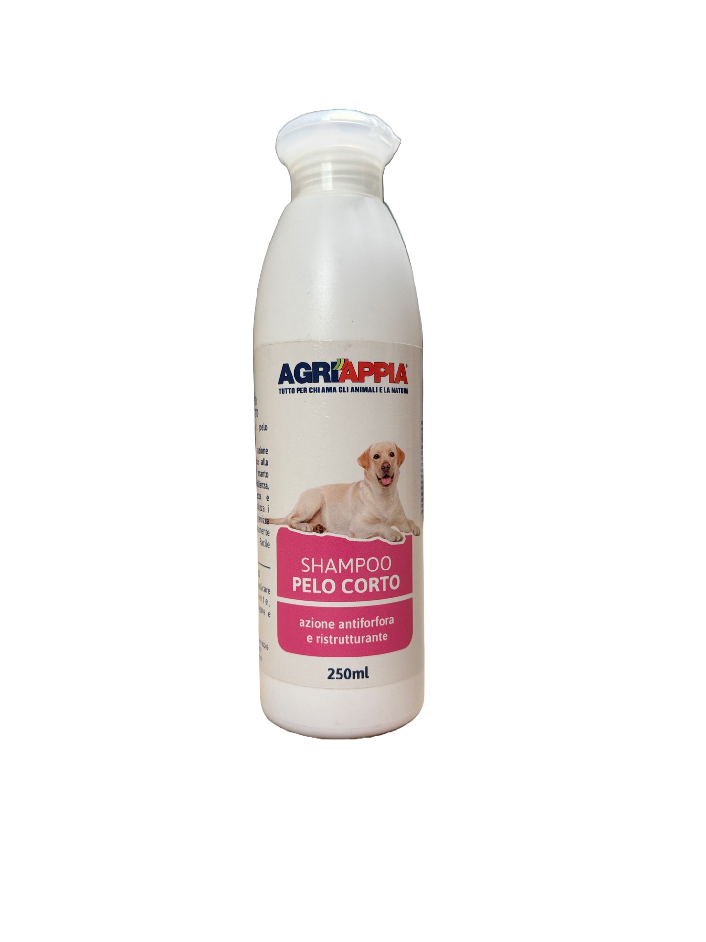 Shampoo Agriappia per pelo corto, 250ml, bottiglia con etichetta rosa, ideale per la cura dei cani a pelo corto.