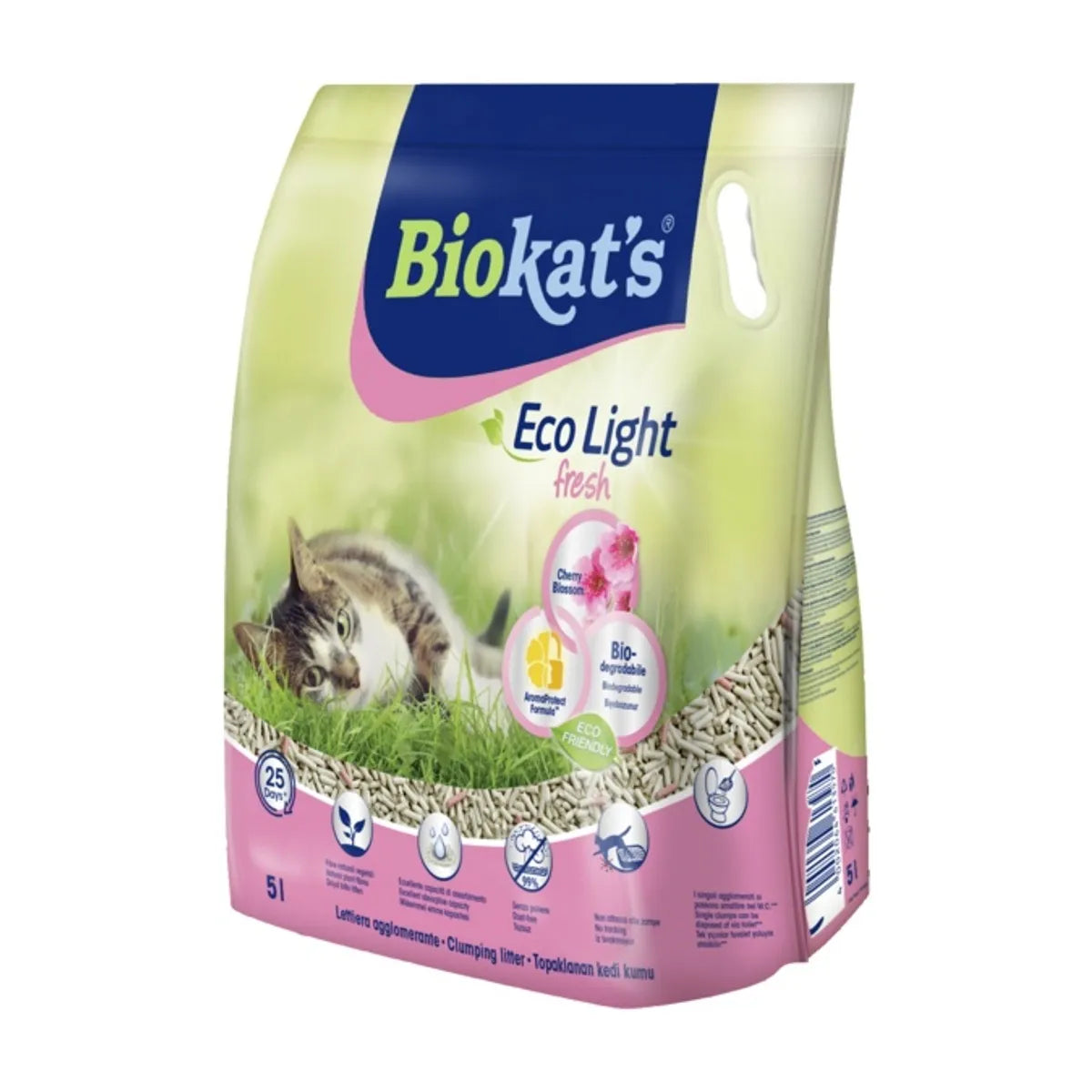 Lettera agglomerante ecologica Biokat’s Eco Light Fresh 5L di AGRIAPPIA, con pellets rosa e profumo fresco per gatti.