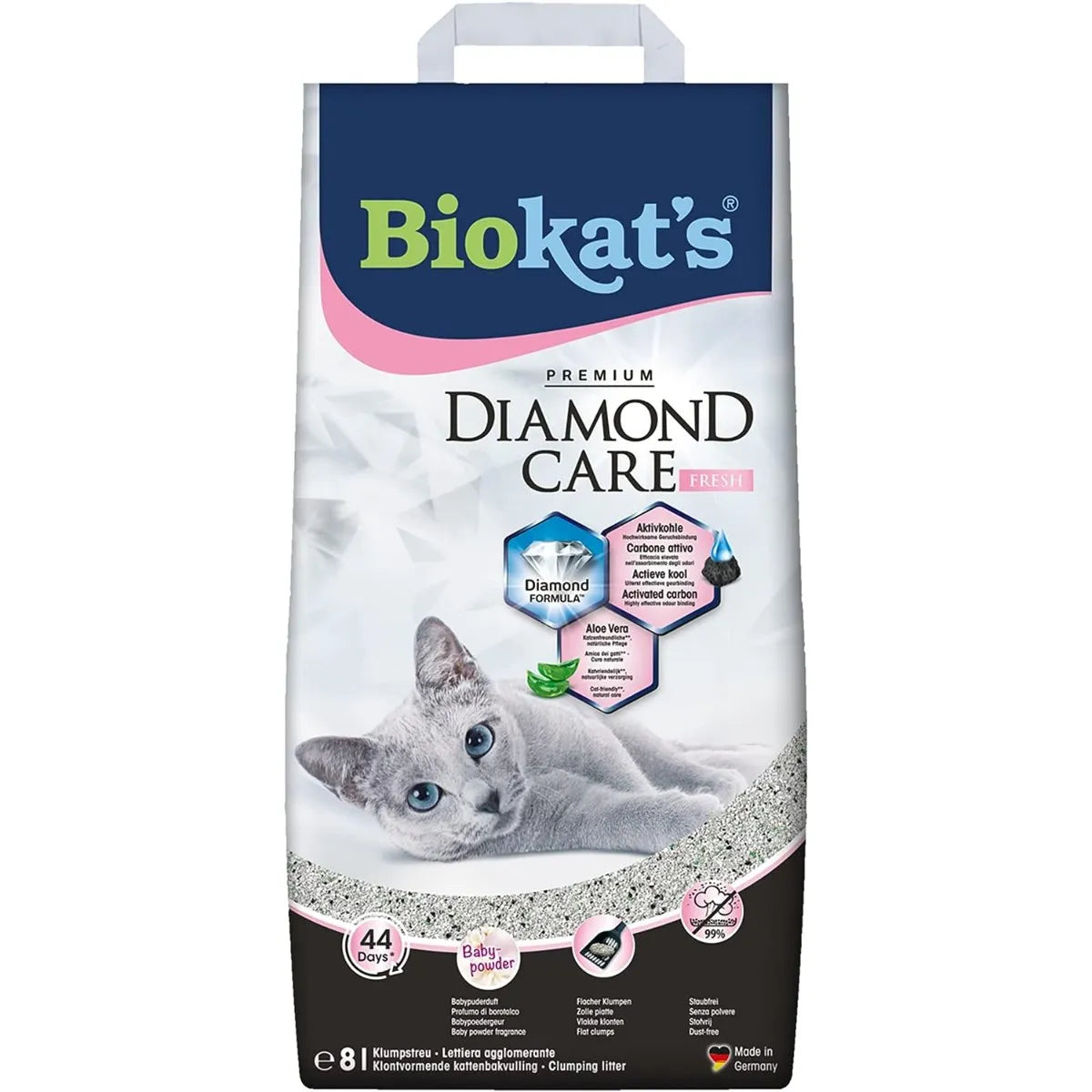 Lettiere agglomerante Biokat's Diamond Care di AGRIAPPIA, in confezione rosa, con granuli che favoriscono il controllo degli odori.