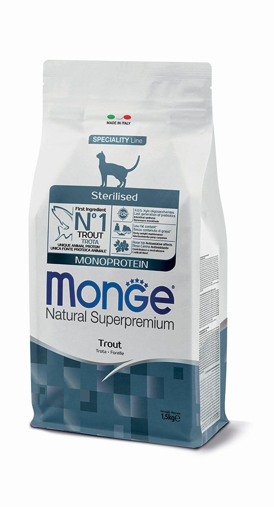 Crocchette Monge Natural Superpremium Sterilised Monoprotein con trota, alimento per gatti, confezione con sacco AGRIAPPIA.
