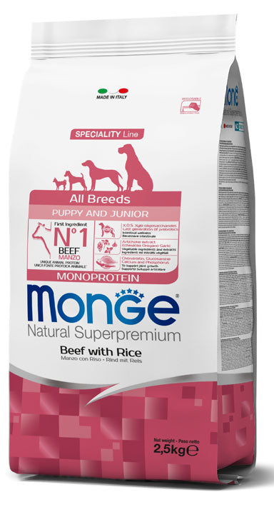 Crocchette Monge Natural Superpremium All Breeds Puppy & Junior con manzo e riso, confezione per cani cuccioli e giovani.