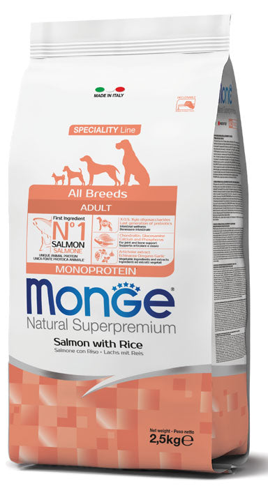 Cibo per cani Monge Natural Superpremium All Breeds Adult con salmone e riso, confezione con crocchette di alta qualità.