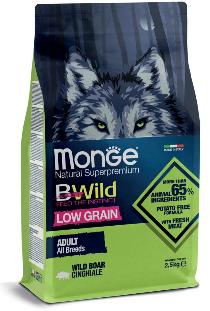 Cibo per cani Monge Bwild Low Grain con cinghiale, alimento per adulti di tutte le razze, marchio AGRIAPPIA.