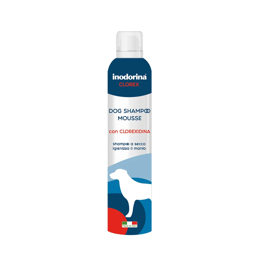 Shampoo mousse Inodorina Clorex AGRIAPPIA in flacone da 300ml, prodotto per la cura del pelo e della pelle degli animali domestici