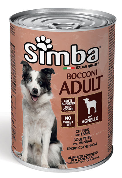 Cibo umido per cani Simba Bocconi AGRIAPPIA con agnello, scatola da 415g, alimento umido di alta qualità per cani.