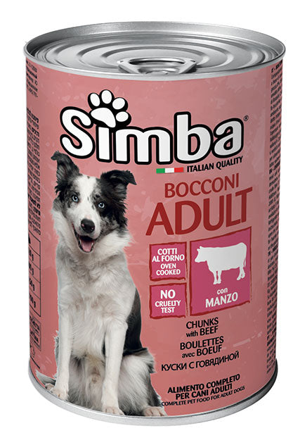 Cibo umido per cani Simba Bocconi con manzo, 415g, in scatola, prodotto di AGRIAPPIA, visibile in confezione.