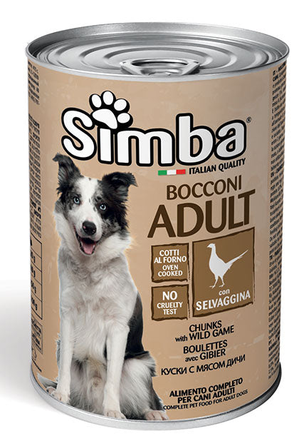 Cibo umido per cani Simba Bocconi AGRIAPPIA con selvaggina in scatola da 415g, croccante e nutriente per cani.