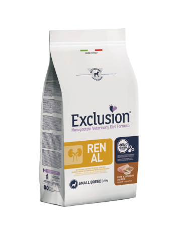 Cibo per cani EXCLUSION MONOPROTEIN VET RENAL con maiale, sorgo e riso, piccola taglia, confezione AGRIAPPIA