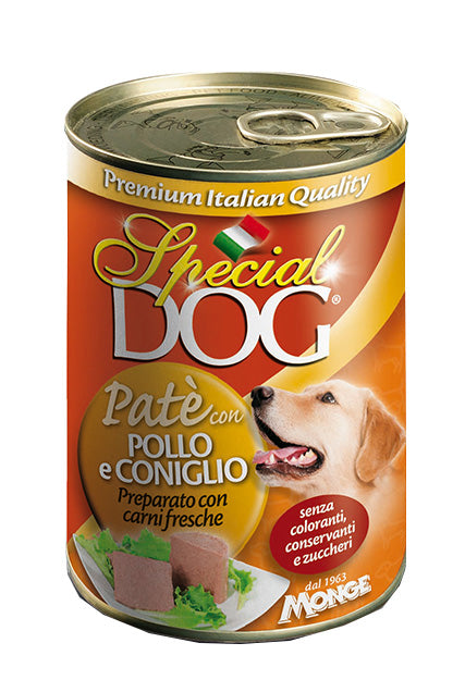 Paté umido per cani di tutte le razze con pollo e coniglio, prodotto AGRIAPPIA, in scatola con alimento umido per cani adulti.