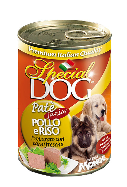 Paté umido Special Dog AGRIAPPIA per cuccioli e cani giovani, con pollo e riso, in un'ampia ciotola.