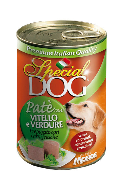 Paté umido per cani di tutte le razze con vitello e verdure, prodotto AGRIAPPIA, in scatola per cani adulti.
