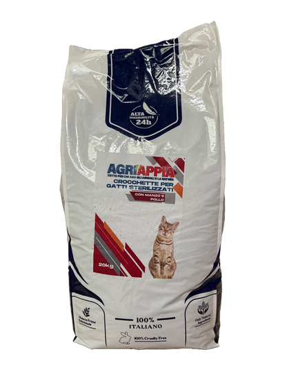 Crocchette Agriappia Gatto Sterilizzato con manzo e pollo, cibo per gatti, in confezione con crocchette visibili.