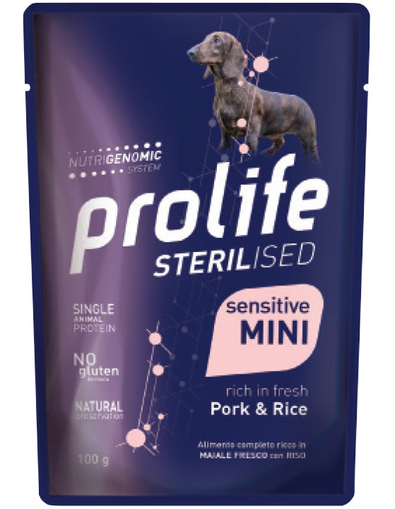 Bastone da maiale sterilizzato Prolife AGRIAPPIA con carne di maiale mini, visibile in primo piano su sfondo neutro.