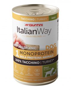 Crocchette per cani adulti di razza mista ItalianWay Tacchino Hypoallergenic di AGRIAPPIA, confezione con crocchette di tacchino.