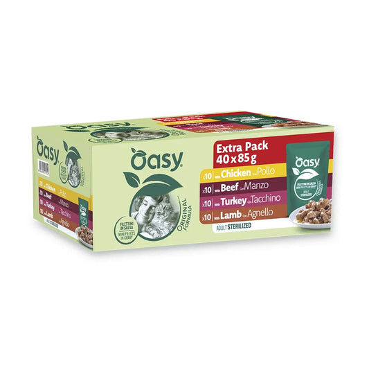 Oasy Original Formula Cat Sterilised – Multipack 40x85g | Mix Carne o Mix Pesce