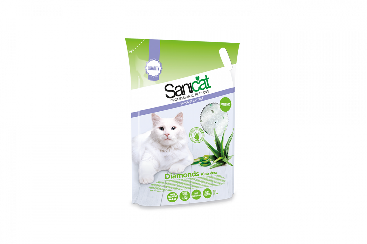 Gabbia per gatti Sanicat Diamonds Aloe Vera di AGRIAPPIA con sabbia assorbente e profumata, verde con dettagli di Aloe Vera.