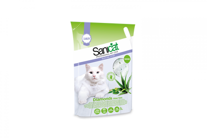 Gabbia per gatti Sanicat Diamonds Aloe Vera di AGRIAPPIA con sabbia assorbente e profumata, verde con dettagli di Aloe Vera.