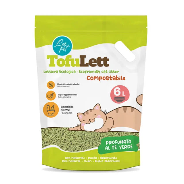 Lettiere al tofu agglomerante LeoPet TOFULETT! di AGRIAPPIA, con granuli verdi e compatta, ideale per gatti e animali domestici.