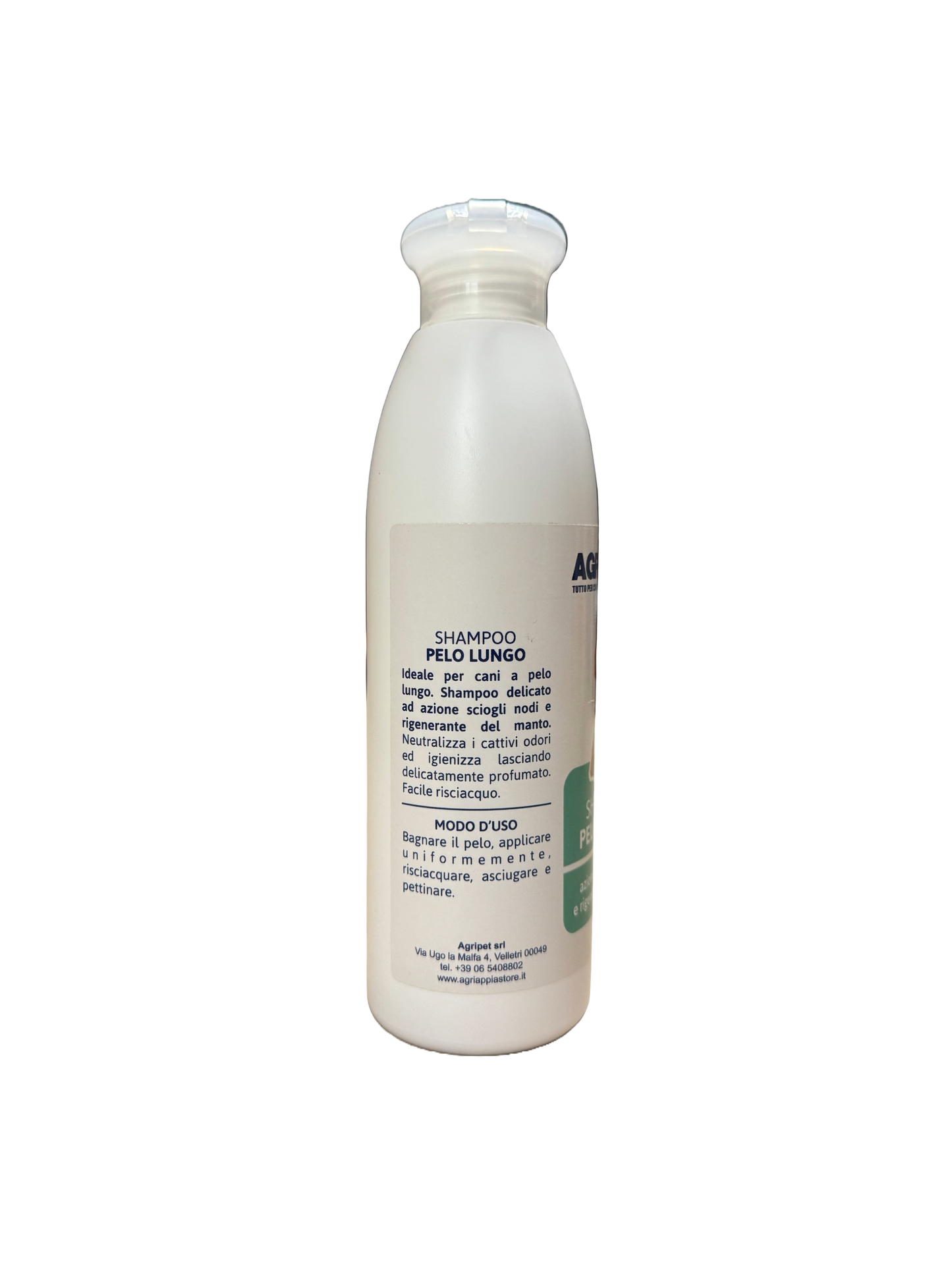 Shampoo Agriappia per capelli lunghi, bottiglia da 250ml con etichetta verde e design semplice, ideale per cura dei capelli.