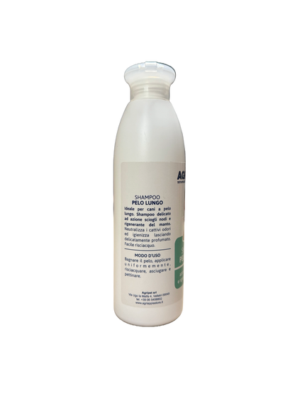Shampoo Agriappia per capelli lunghi, bottiglia da 250ml con etichetta verde e design semplice, ideale per cura dei capelli.