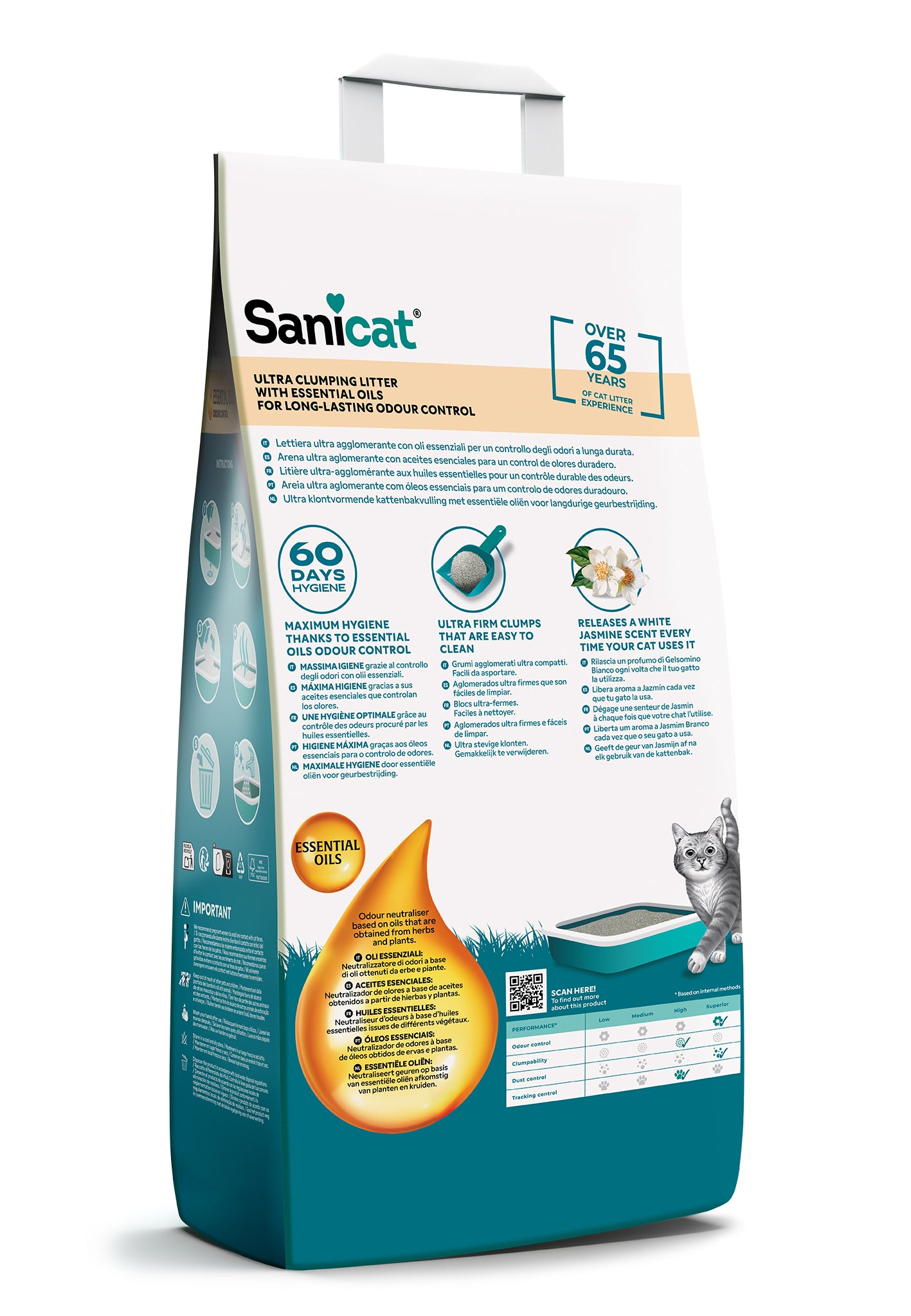 Gel di oli essenziali SANICAT Gelsomino Bianco di AgriAppia, bottiglia bianca con etichetta colorata, profumo floreale.