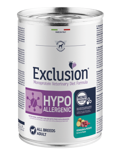 Immagine di una confezione di Exclusion Monoprotein Vet Diet Hypoallergenico AgriaPPIA da 400g, con etichetta e dettagli del prodotto.