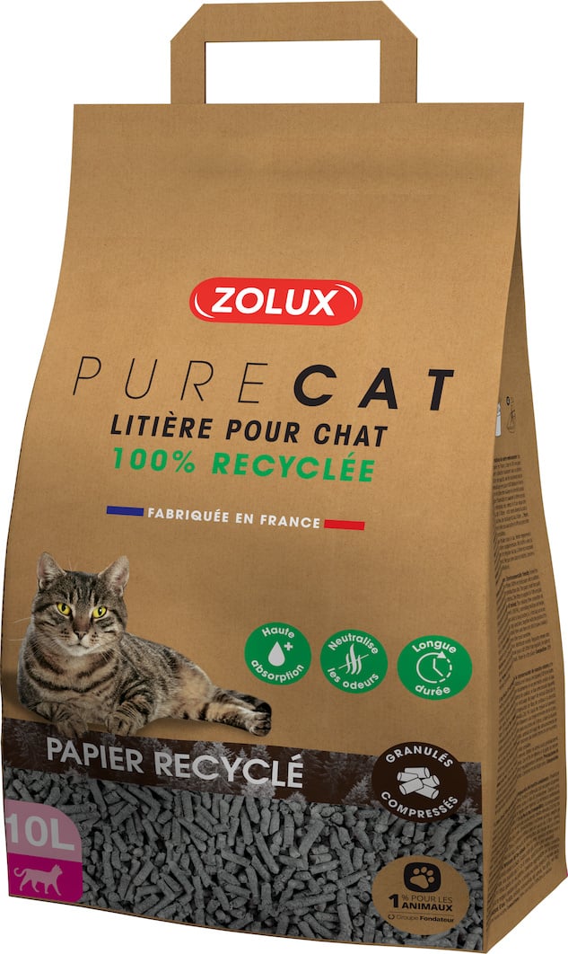 Lettiera assorbente per gatto Purecat di AGRIAPPIA, 100% carta riciclata, mostrata in contenitore da 10 litri.