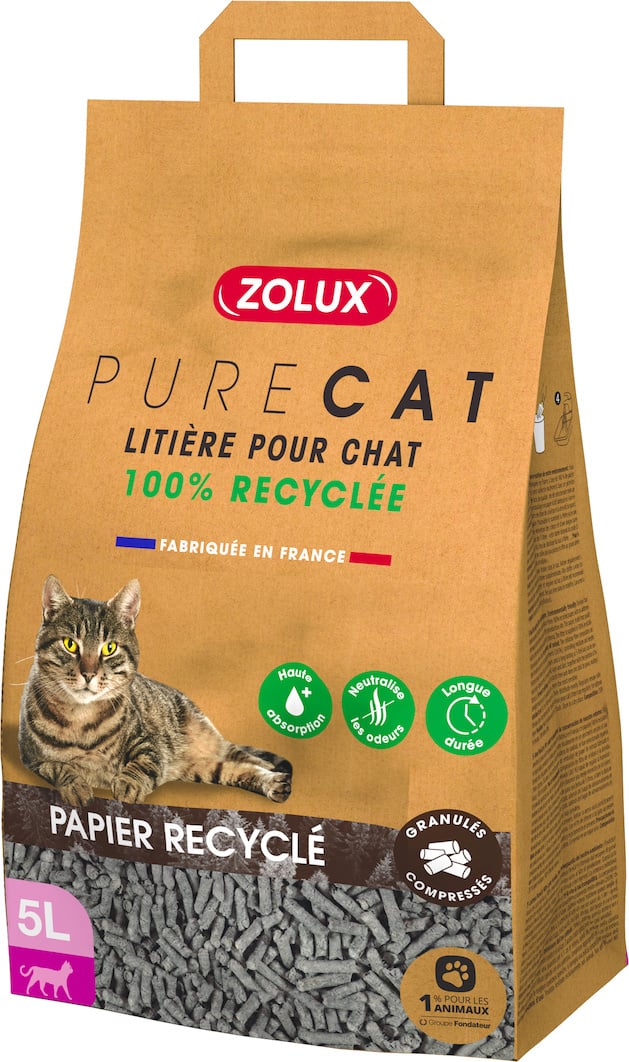 Lettiera assorbente per gatto Purecat in 100% carta riciclata, prodotto AGRIAPPIA, visibile in una confezione da 5 litri.